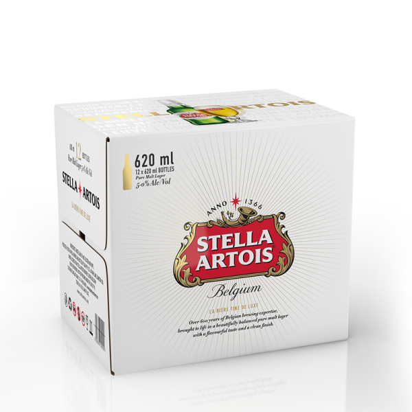 Stella Artois Lager Alcoholic Beer Bottle (5% Alcohol, Pack of 12x 620 ml) | Shop Online