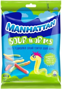 Manhattan Sour Worms Fruit Flavoured Candy (Pack of 1 x 400 g) | Shop Online