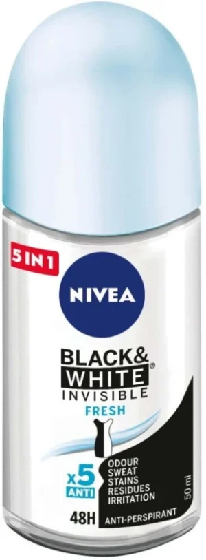 Nivea 5 in 1 Black & White Invisible Fresh Roll-On Deodorant - For Women (50 ml Pack of 6) | Shop Online