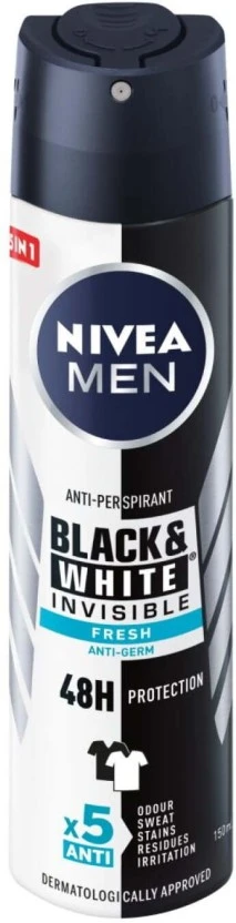 Nivea Antiperspirant Black & White Invisible Fresh Deodorant Spray - For Men (150 ml Pack of 6) | Shop Online
