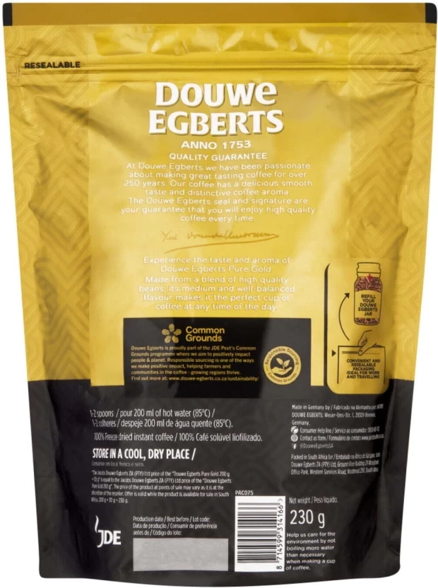 Douwe Egberts Pure Gold Medium Rust Instant Coffee 230 g - Image 2